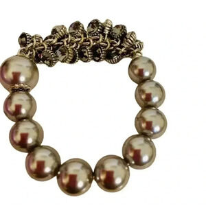 Silver Faux Pearl Fashion Bracelet With Rhinestone Clusters